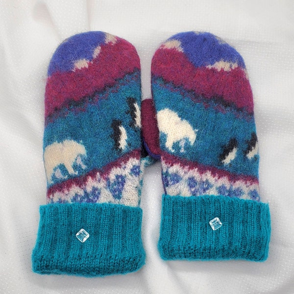 Polar bears penguins mountains ice recycled wool sweater mittens fleece liner faux  ice button medium