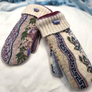 May include: A pair of knitted mittens with a patterned design in shades of beige, purple, green, and blue. The cuffs are a light beige color with a decorative blue button. The mittens are made of a soft, warm material, perfect for cold weather.