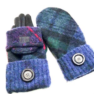 Upcycled Wool Convertible Glittens (Size Medium) – Plaid Patchwork Flip-Top Mittens with Touchscreen Glove Liners & Stacked Metal Buttons