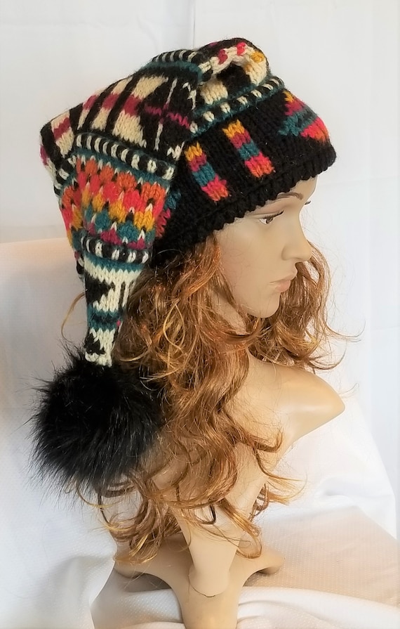 Icelandic Design recycled wool sweater stocking hat and mitten set fur ball, pom pom, recycled, black, teal. orange, gold, medium Icelandic Design recycled wool sweater stocking hat and mitten set fur ball, pom pom, recycled, black, teal. orange, gold, medium