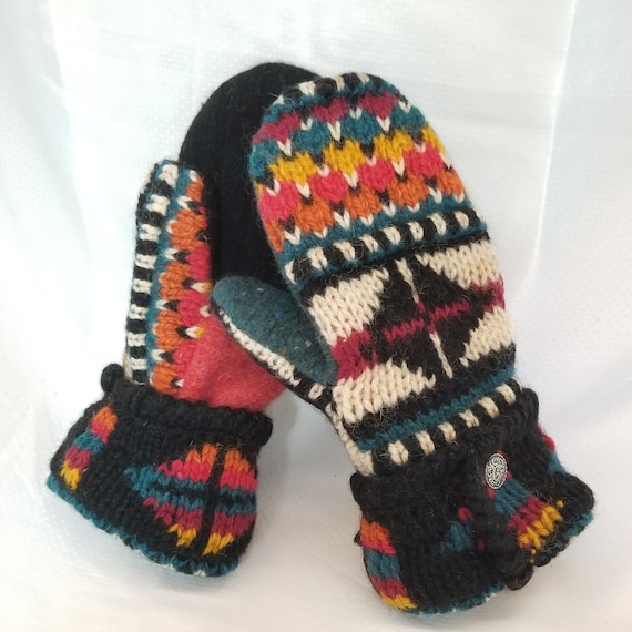 Icelandic Design recycled wool sweater stocking hat and mitten set fur ball, pom pom, recycled, black, teal. orange, gold, medium Icelandic Design recycled wool sweater stocking hat and mitten set fur ball, pom pom, recycled, black, teal. orange, gold, medium
