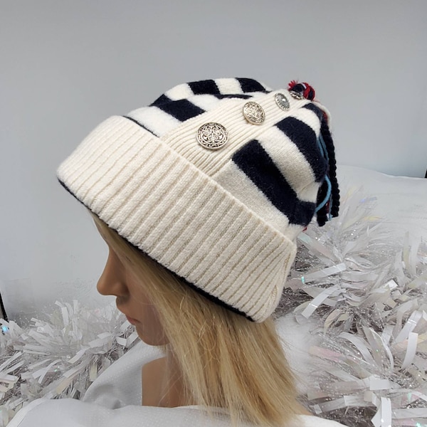 SALE!!! Navy and white striped nordic Recycled re-purposed upcycled felted wool sweater slouchie hat   fleece lining. Silver buttons
