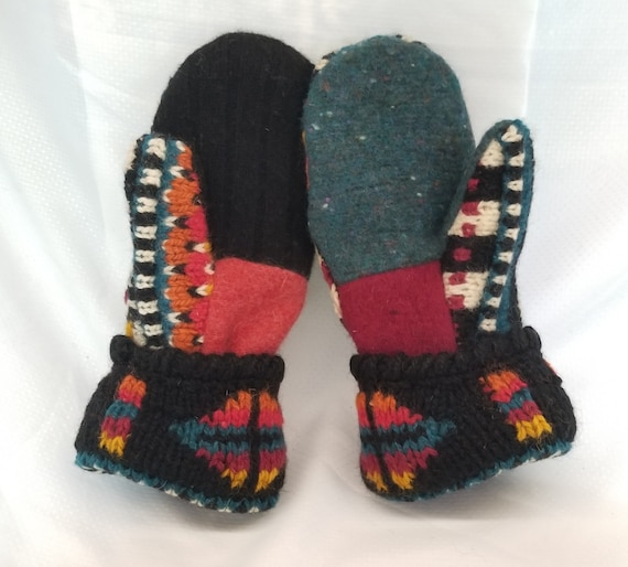 Icelandic Design recycled wool sweater stocking hat and mitten set fur ball, pom pom, recycled, black, teal. orange, gold, medium Icelandic Design recycled wool sweater stocking hat and mitten set fur ball, pom pom, recycled, black, teal. orange, gold, medium