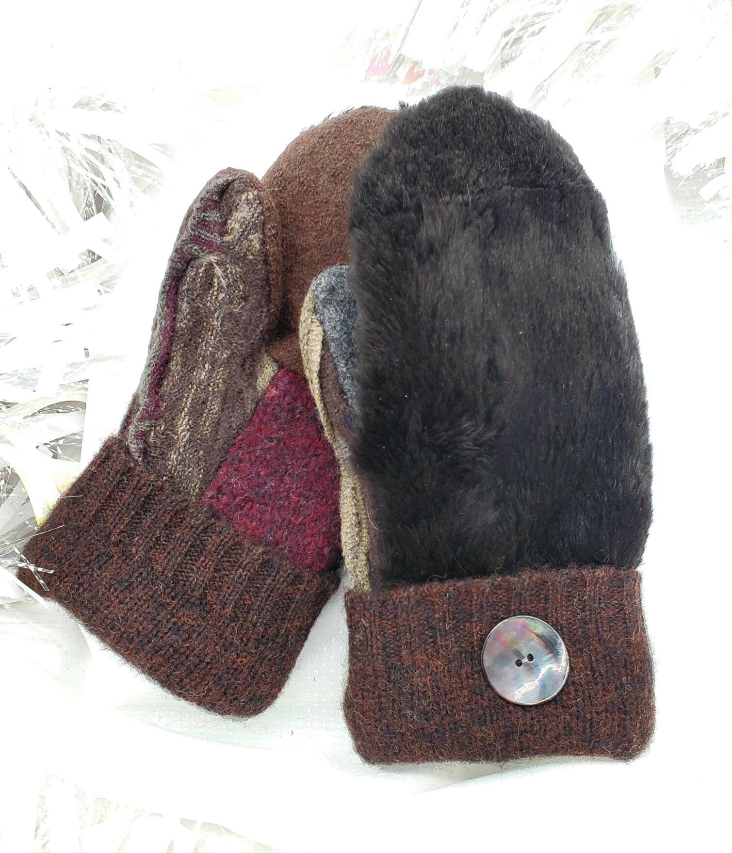 Rabbit Fur Chocolate and Wine Mittens Recycled Upcycled - Etsy
