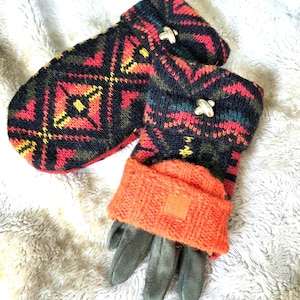 Women’s medium Alpaca Wool Glittens convertible mittens– Upcycled Felted Sweater Mittens with Touchscreen Gloves – Boho Fair Isle Pattern