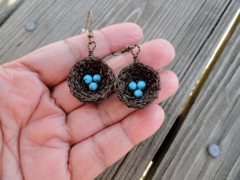 Unique Handcrafted Gift Bird Nest Stud Earrings Wire Wrapped Gold with White Pearl Eggs