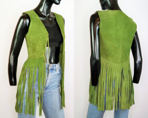 60s tassle vest, 70s suede waistcoat, green boho j