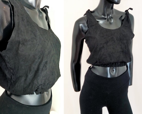 Suede crop top, 90s black top, genuine suede leath