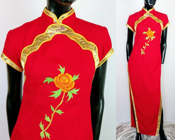 70s hostess dress, cheongsam cocktail dress, chine