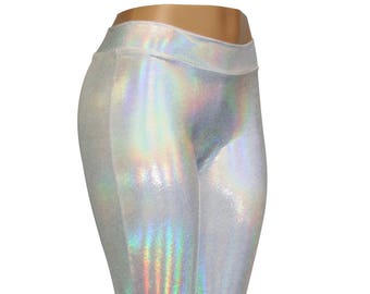 Seamless Front White Mirror Hologram Mid Rise Leggings -  Child, Adult, and Plus Sizes - Super Long