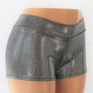 May include: Silver metallic shorts with a high waist and a shimmery finish.