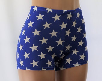 High Waist Royal Blau Spandex mit Weißen Sternen Booty Shorts. Kind, Erwachsener und Plus Size.