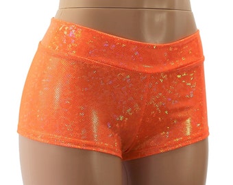 Neonoranje holografische mid-rise brutale bootyshorts - volwassenen en grote maten - ideaal voor Black Light Glow-feestjes, raves en festivals
