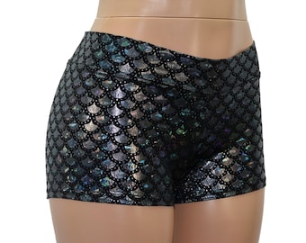 8 Colors of Mermaid Mid Rise Booty Shorts! Gold, Black, Silver, White, Green, Blue, Purple! Adult-Child- Plus Sizes.