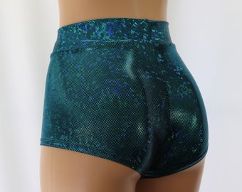 Turquoise Blue and Black High Waist Cheeky Booty Shorts.  Adult and Plus Sizes!  Raves, Fitness, Festivals, Dance, Pole, EDM, EDC, Beach.