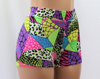 Neon Geometric Forms High Waist Booty Shorts.  SUPER UV Blacklight Reactive!