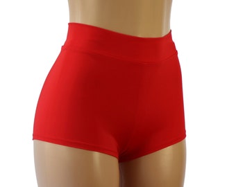 Red Matte Tricot Spandex High Waist Cheeky Booty Shorts -  Adult and Plus Sizes -