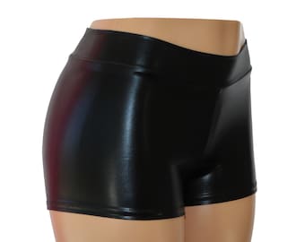 Schwarze, metallisch schimmernde Spandex-Booty-Shorts mit mittelhohem Bund – freche und normale Längen