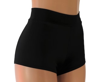 Black Matte Tricot Spandex High Waist Cheeky Booty Shorts.  Adult and Plus Sizes!