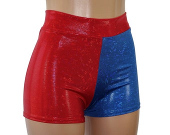 Red and Blue Hologram High Waist Booty Shorts.  Modest Coverage - Great for July 4th, Cosplay Costumes, Raves, Festivals, Clubs, Concerts...