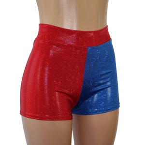 Red and Blue Hologram High Waist Booty Shorts.  Modest Coverage - Great for July 4th, Cosplay Costumes, Raves, Festivals, Clubs, Concerts...