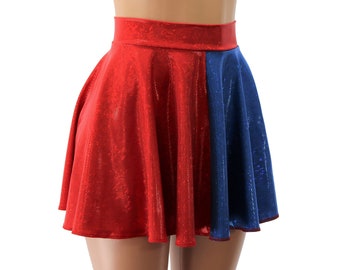 Red and Blue High Waist Skater Circle Skirt - Sparkly Holographic Spandex - Child, Adult, and Plus Sizes