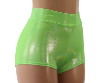 Neon Green Iridescent High Waist Cheeky Booty Shorts.  Festival, Raves, and Summer Fun!