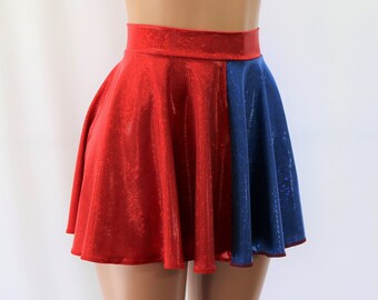 Red and Blue Skater Circle Skirt. Shiny Holographic Spandex.  Adult, Child, and Plus Sizes.