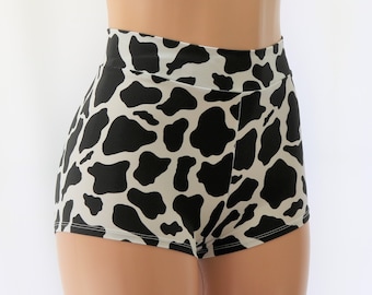 Cow Skin Black and White Spandex.  High Waist Cheeky or Full Coverage Booty Shorts.  Made in USA by Dilly Duds®