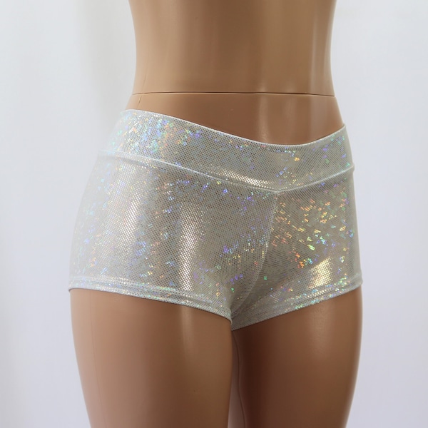 Sparkling Silver and White Holographic Mid-Rise Cheeky Booty Shorts