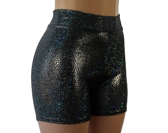 Short style motard taille haute hologramme mosaïque noir.