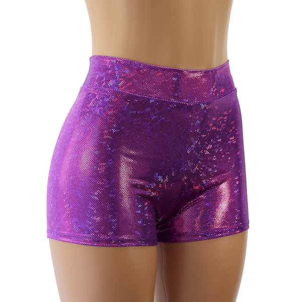 Purple Hologram High Waist Booty Shorts -  Cheeky and Regular Length - Child, Adult, and Plus Sizes - Mardi Gras Carnival and Music Festival