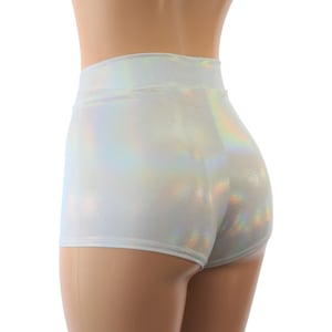 White Mirror Hologram Spandex High Waist Cheeky Booty Shorts - Adult and Plus Sizes - Great for Raves Black Light, Festivals, Concerts...