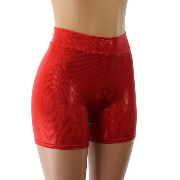 High Waist Red Holographic Biker Booty Shorts - Kids, Adult, and Plus Sizes - Raves, Roller Skating, Music Festivals, Cycling, Disco Parties