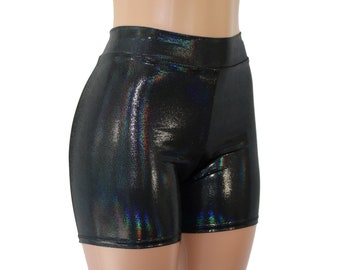Svarta skimrande hologram-bikershorts med hög midja.
