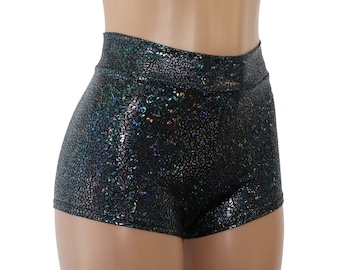 Shorts holográficos de talle alto: elásticos en cuatro direcciones y brillantes.
