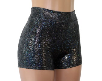 Black High Waist Booty Shorts.  Sparkly Hologram Spandex.  Great for Raves, Festivals, Concerts, EDM,  Dance Outfits...