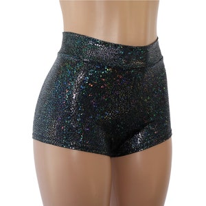 High Waisted Cheeky Booty Shorts in 20 Holographic Colors!  Black, Red, Gold, Silver, Blue, Orange, Pink, Green, Turquoise, Red, Purple..