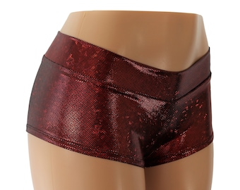 Red and Black Burgundy Hologram Low Rise Cheeky Booty Shorts.
