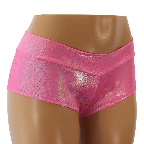 Neon Pink Hologram Low Rise Cheeky Booty Shorts - Adult and Plus Sizes - Great for Pole Fitness, Yoga Workout, Raves, and Festivals!