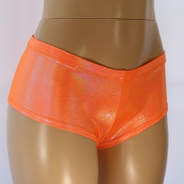 Neon Orange Low Rise Cheeky Booty Shorts - Iridescent Hologram Spandex - Pole Fitness, Yoga, Swimsuit, Bikini Bottoms, Blacklight Glow Party