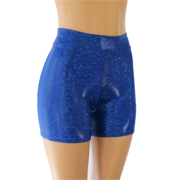 Royal Blue Hologram High Waist 4" Inseam Booty Shorts.  Child, Adult, Plus, Men.  Great for Yoga, Gym, Pole Fitness, Dance Class, Cheer...