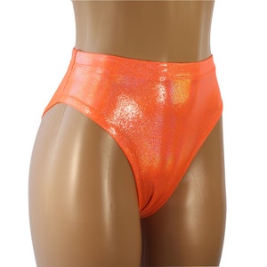 Neon Orange High Waist Cheeky Bikini Briefs -  Iridescent Hologram Spandex