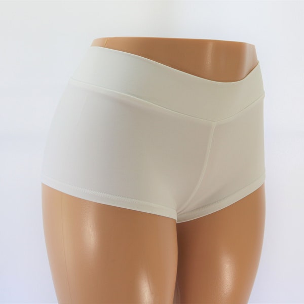 White Matte Tricot Spandex Mid Rise Cheeky Booty Shorts.  Adult and Plus Sizes.