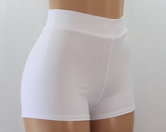 White Matte Solid Spandex High Waist Booty Shorts.  Cheeky and Regular Lengths.