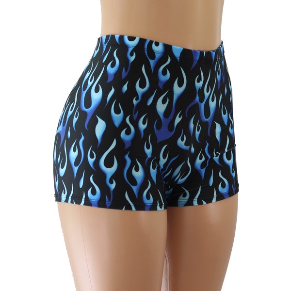 Blue, Orange, or Silver Fire Flames High Waist Booty Shorts.  Pole, Festivals, Raves, Beach,  Kids, Child, Adult, Men, and Plus Sizes!