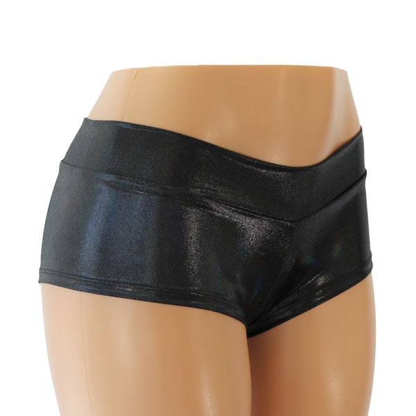 Black Low Rise Cheeky Booty Shorts.  Black Mirror Holographic Spandex.