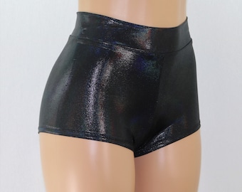 Shiny Black Hologram High Waist Cheeky Booty Shorts.