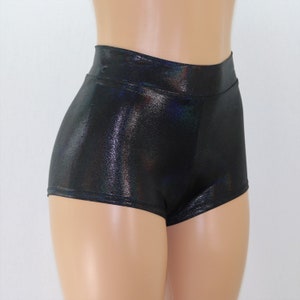 Shiny Black Hologram High Waist Cheeky Booty Shorts.