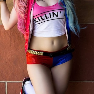 Red and Blue Mid Rise Cheeky Booty Shorts - Mid Rise or High Waist - Adult and Plus - Sparkly Hologram  - Great for Cosplay and Sports Fans!